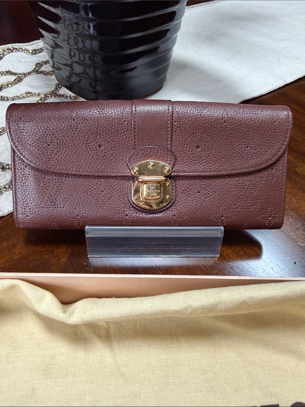 Louis Vuitton Mahina Brown Leather Clutch Wallet with Gold Hardware